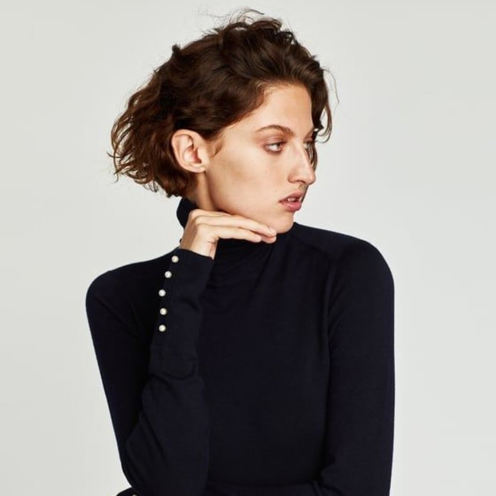 Zara Navy Pearl/Ruffle Cuff Crewneck Sweater